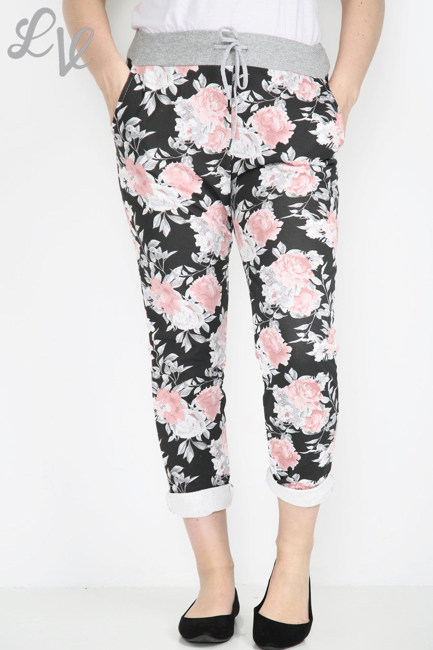 Ladies Floral Mix Print Jogging Pants Trouser Black -