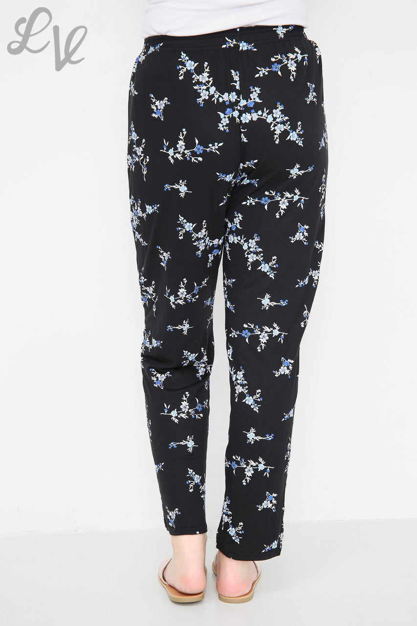 Ladies Oriental Floral Print Trousers Blue Flowers
