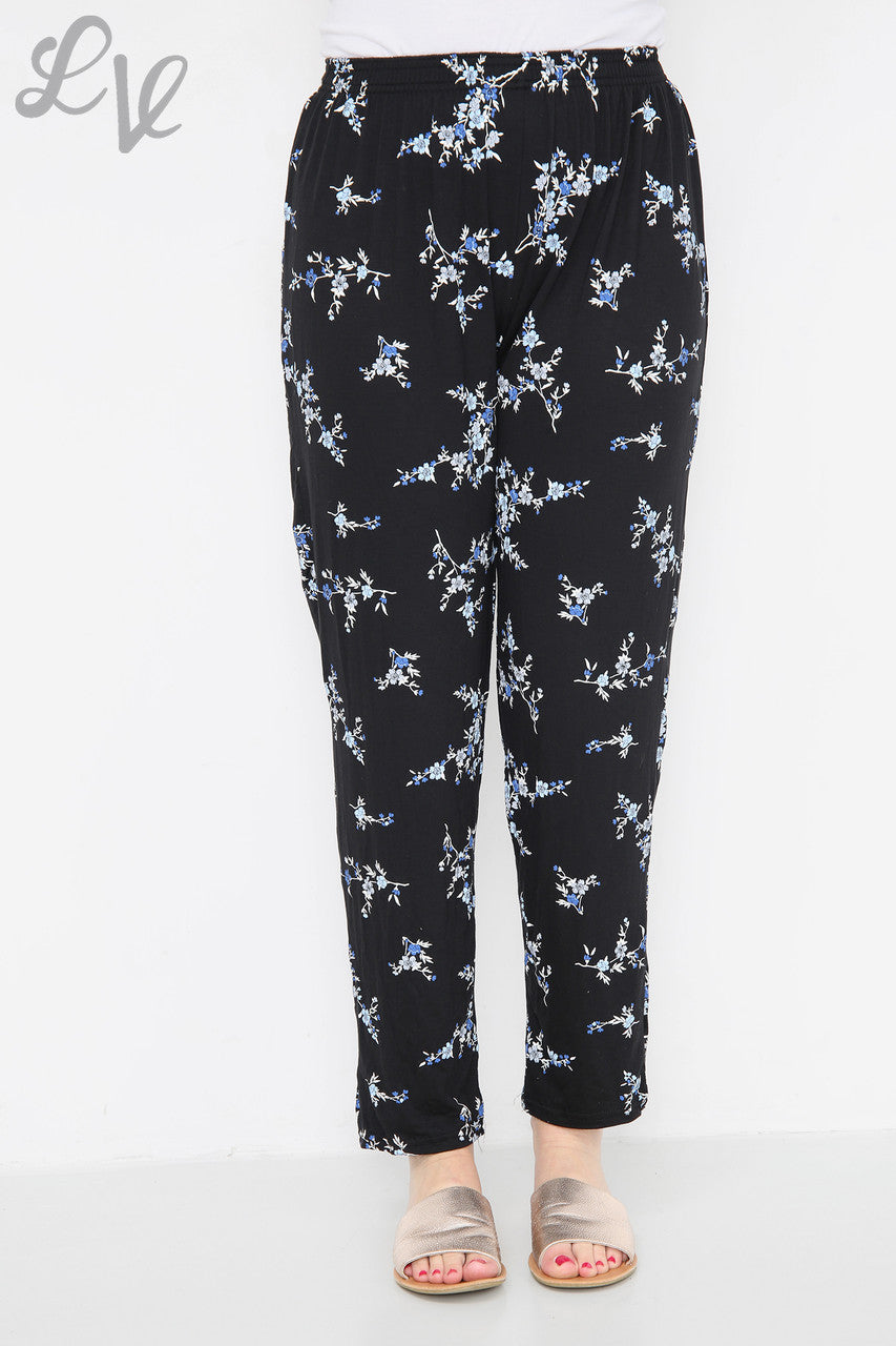 Ladies Oriental Floral Print Trousers Blue Flowers