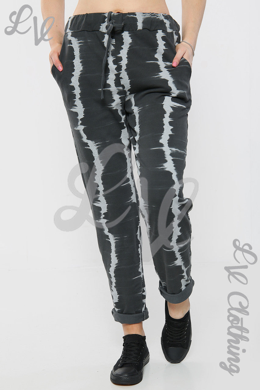 Ladies Tie Dye Stripe Print Jogging Bottoms Charcoal - Unit Price £9.99