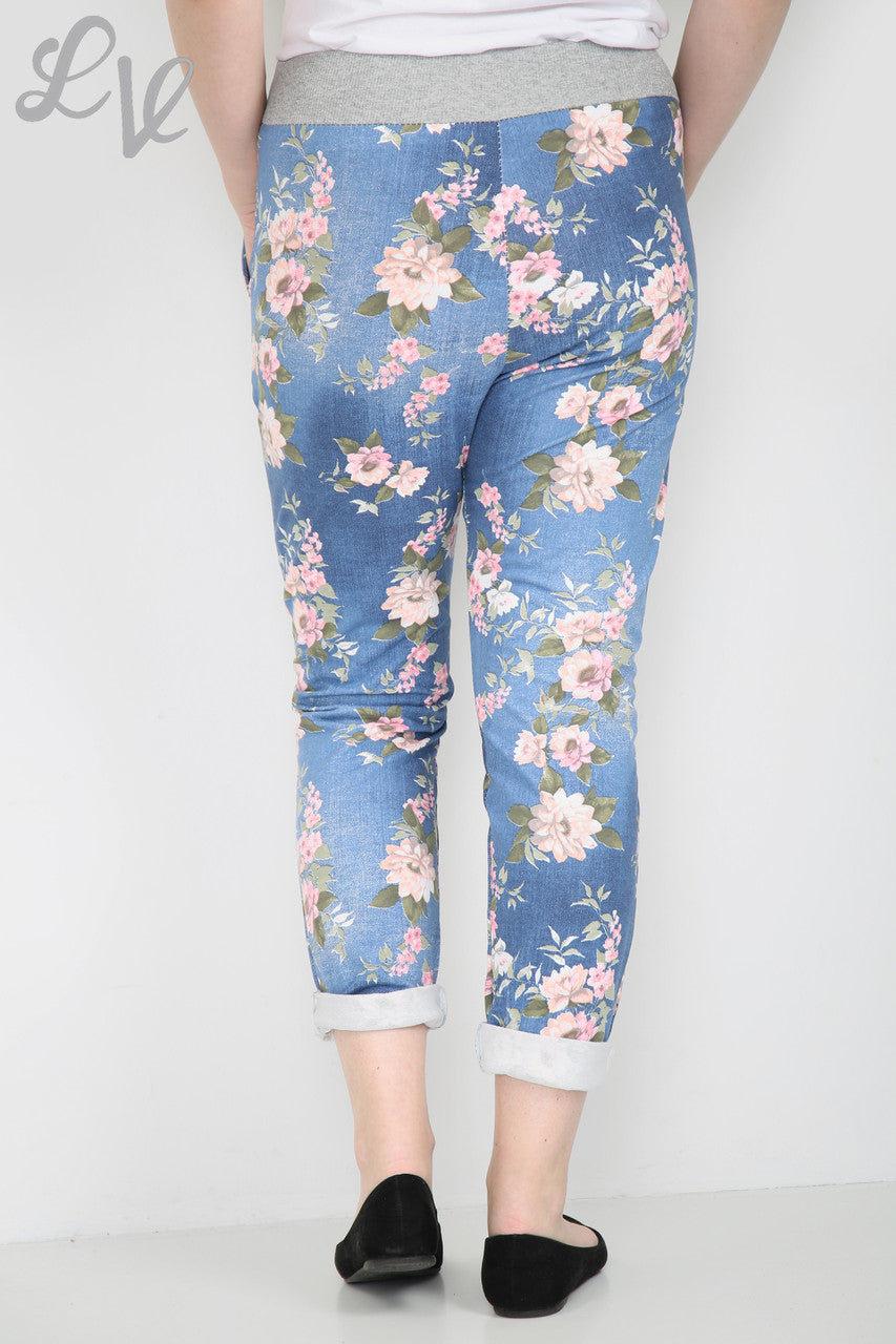 Ladies Ditsy Floral Print Jogging Pants Trouser Denim -