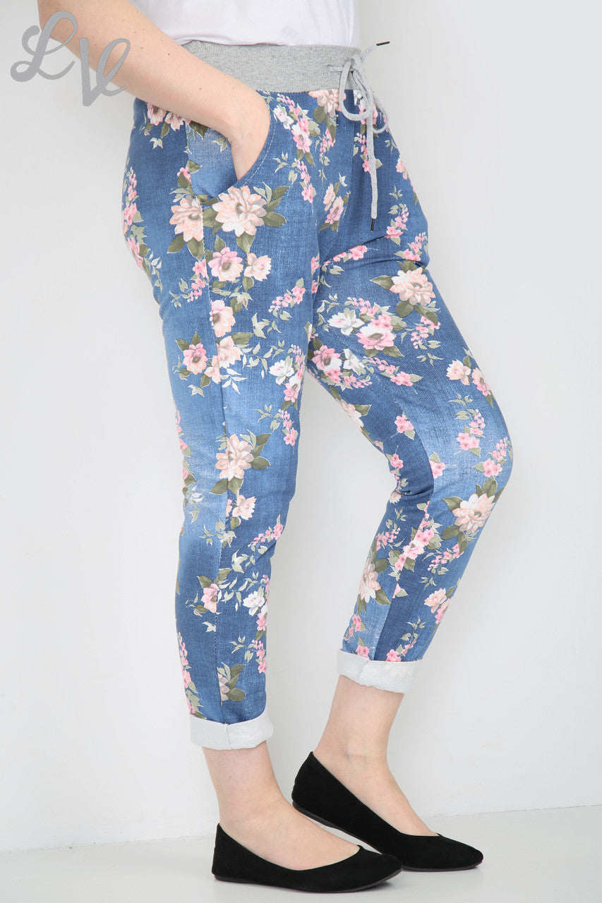 Ladies Ditsy Floral Print Jogging Pants Trouser Denim -