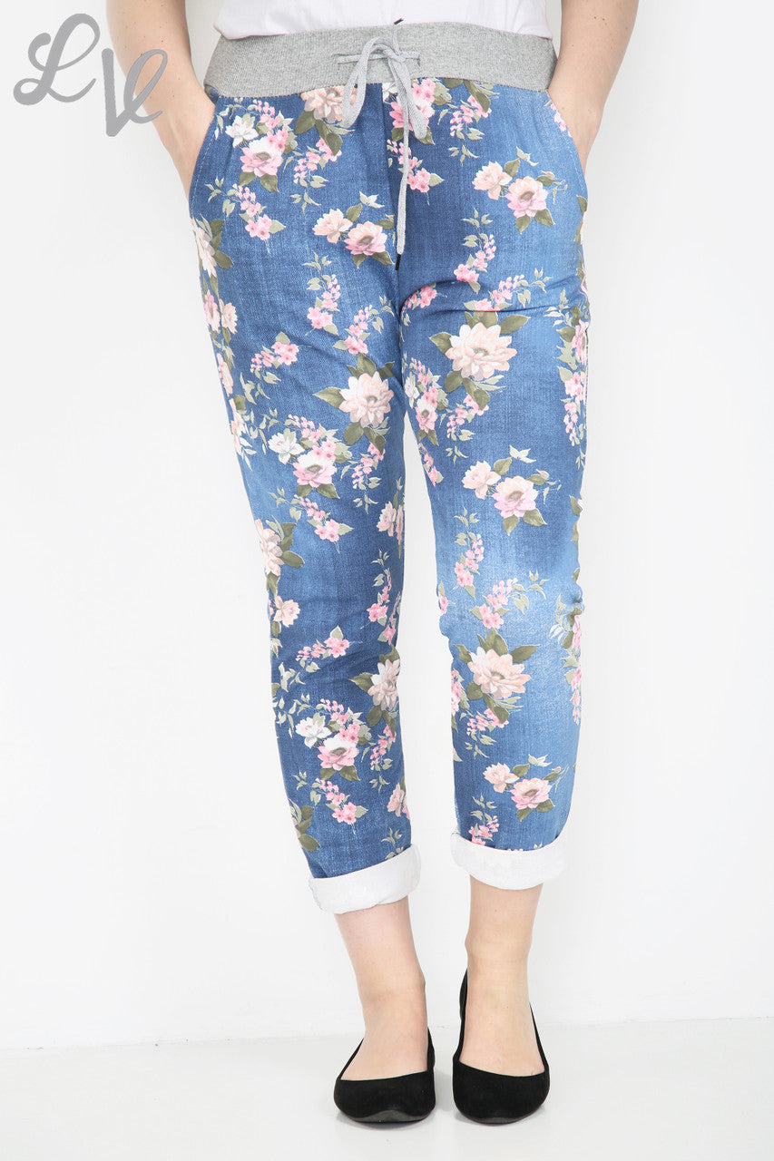 Ladies Ditsy Floral Print Jogging Pants Trouser Denim -