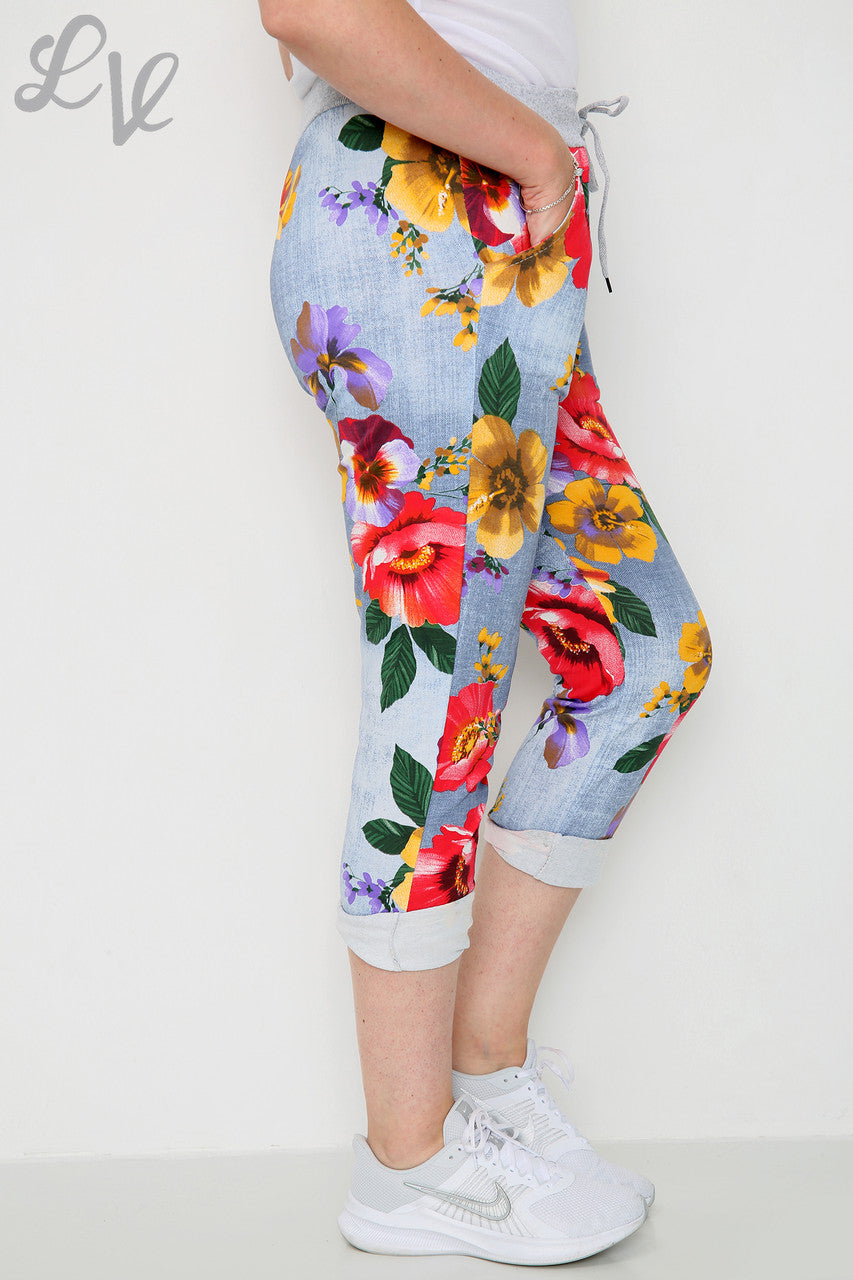 Dames joggingbroek met bloemenprint (klaprozen) denim - Prijs per stuk € 6,99