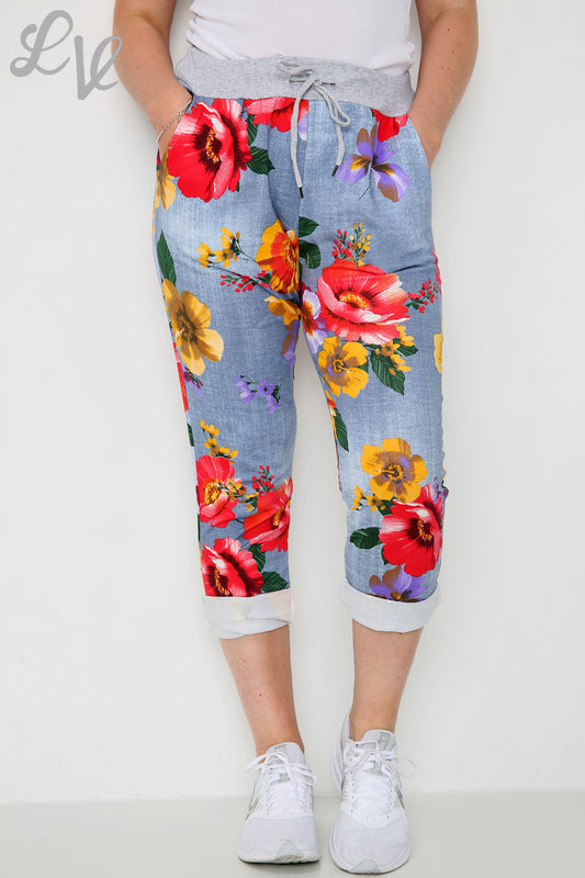 Dames joggingbroek met bloemenprint (klaprozen) denim - Prijs per stuk € 6,99