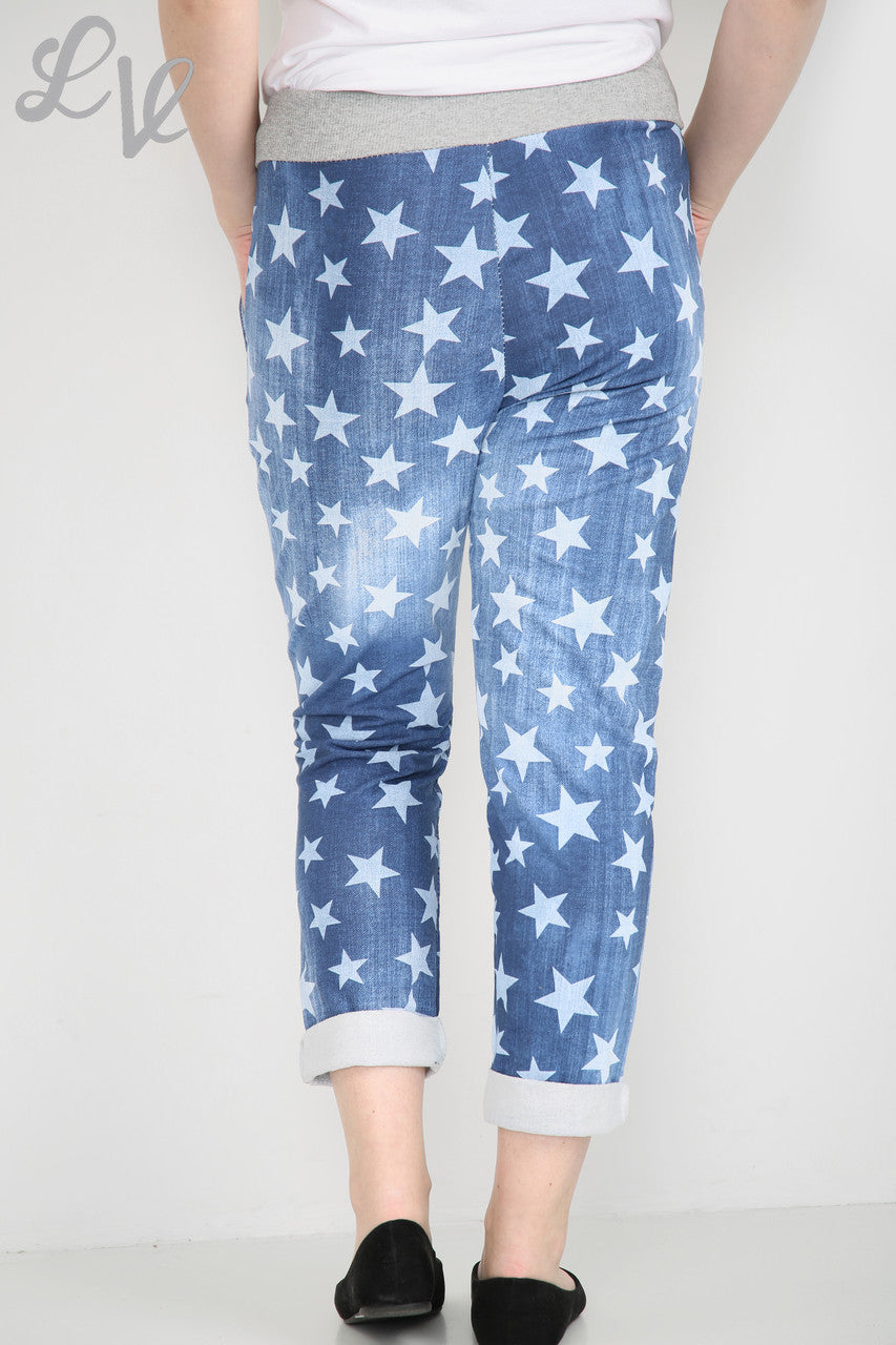 Dames Joggingbroek van Denim met Bloemensterretjesprint - Stukprijs €6,99