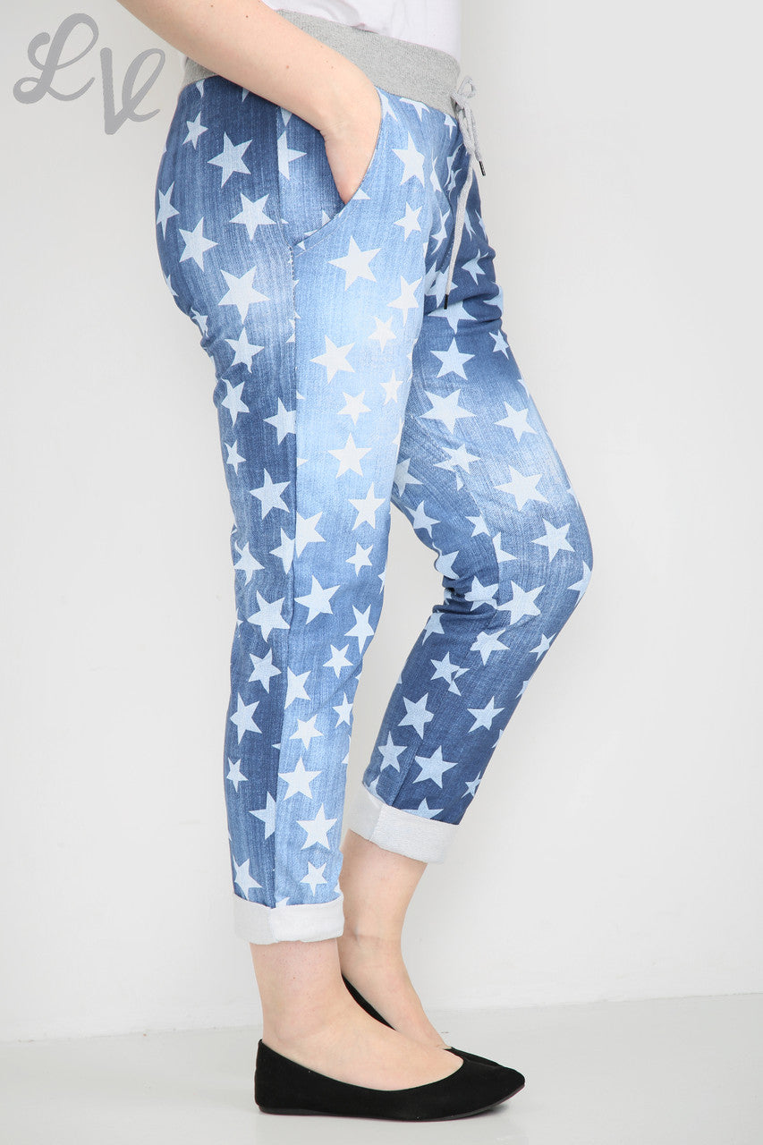 Dames Joggingbroek van Denim met Bloemensterretjesprint - Stukprijs €6,99