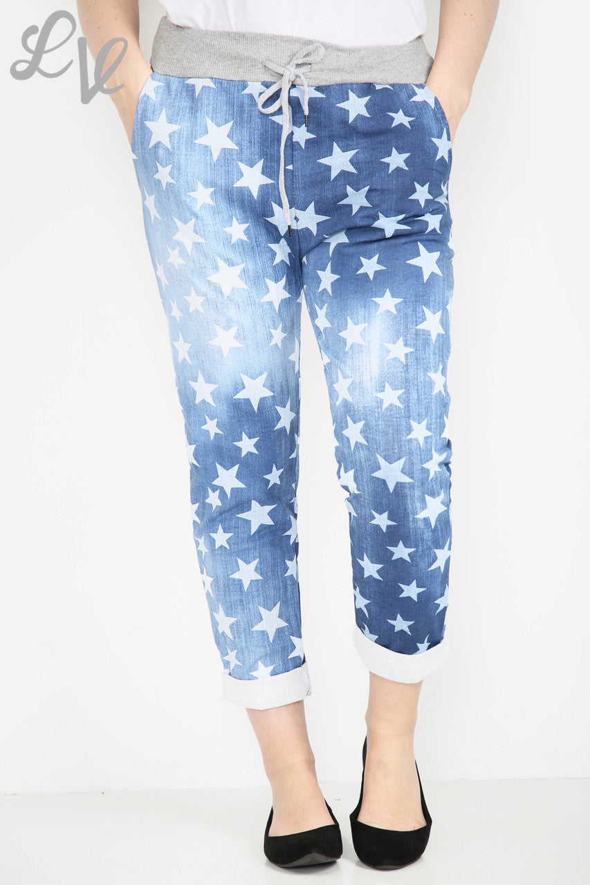 Dames Joggingbroek van Denim met Bloemensterretjesprint - Stukprijs €6,99