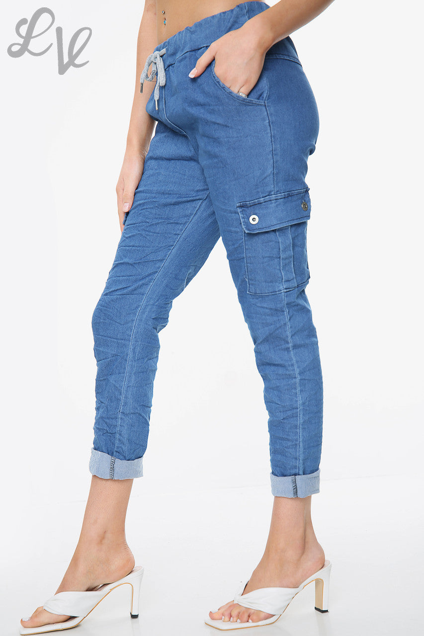 Dames casual broek met zijzakken donker denim - Prijs per stuk € 9,99