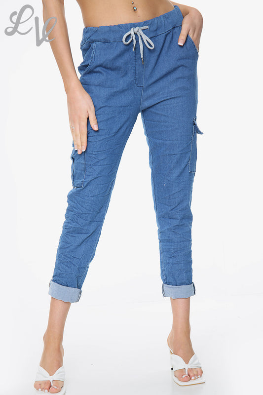 Dames casual broek met zijzakken donker denim - Prijs per stuk € 9,99
