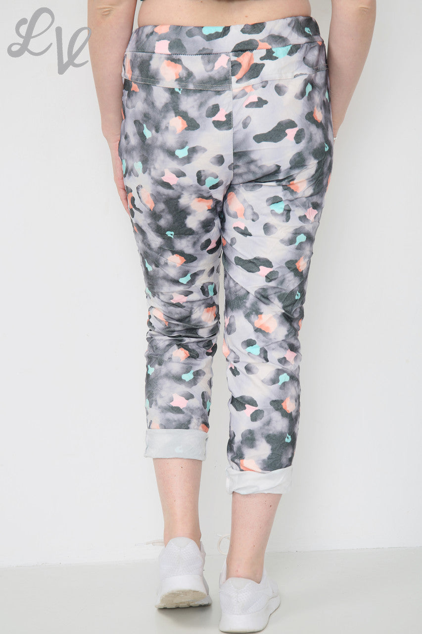 Dames kleurrijke Luipaardprint magische broek grijs eenheidsprijs €8,99