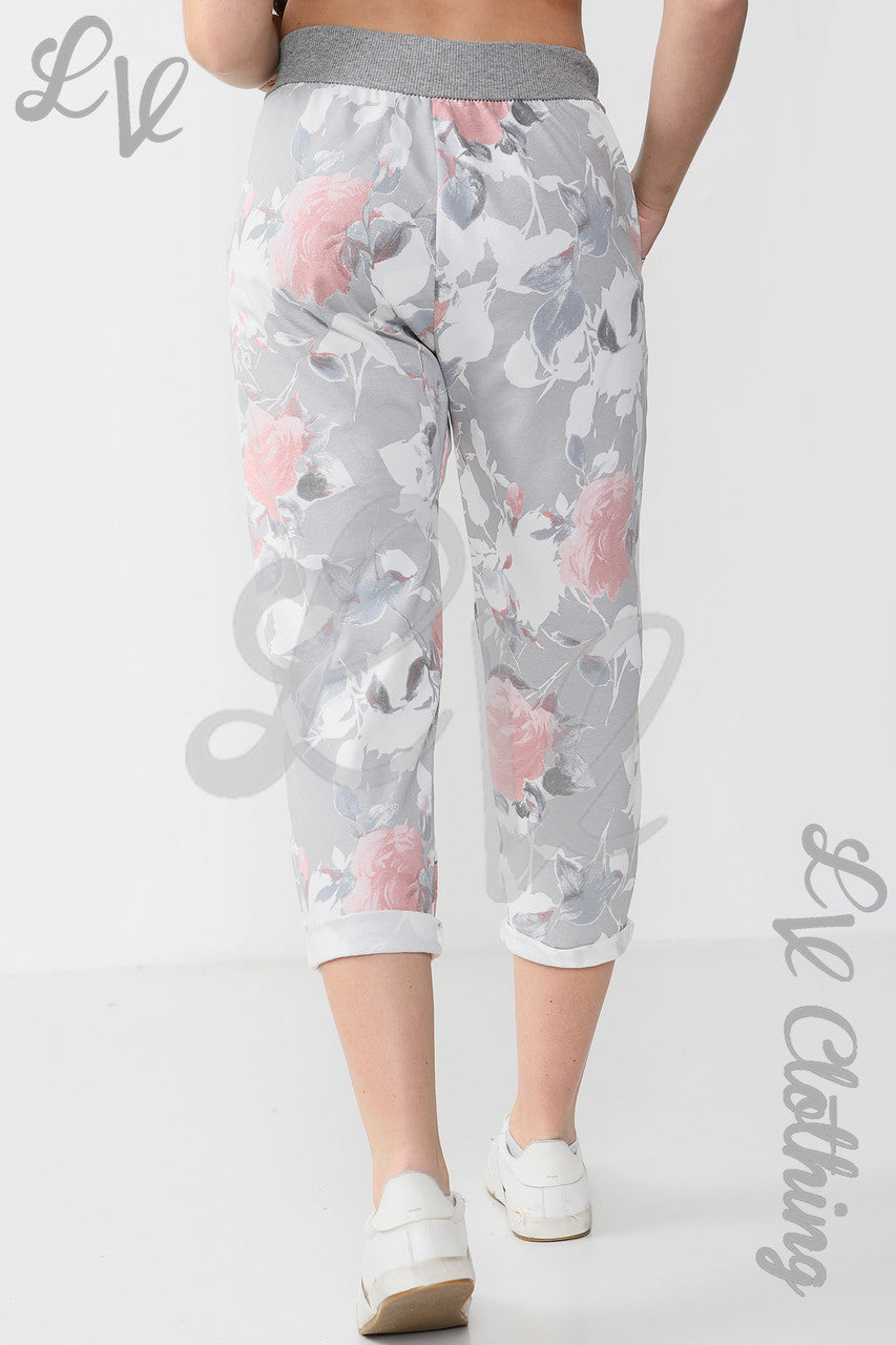 Ladies Plus Size Rose Mix Print Jogging Pants Trouser Grey