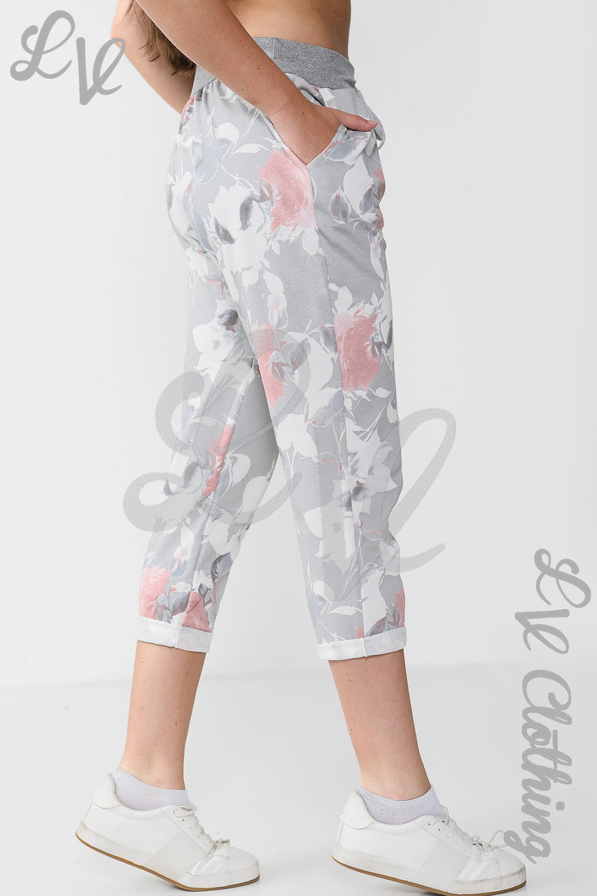 Ladies Plus Size Rose Mix Print Jogging Pants Trouser Grey
