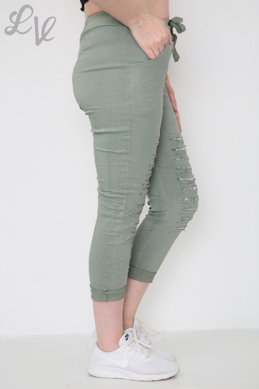 Ladies Ripped Sequin Knee Magic Trousers Khaki Unit Price £9.99