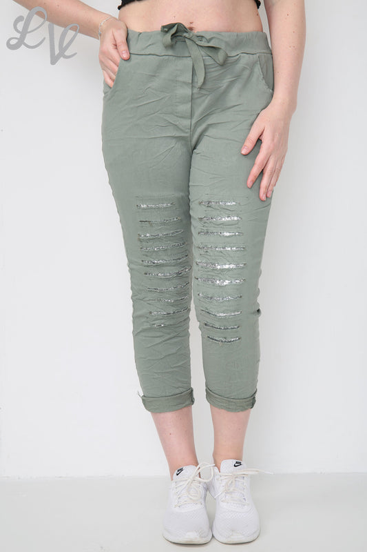 Dames Ripped Pailletten Knie Magische Broek Kaki Stukprijs €9,99