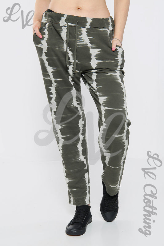 Ladies tie-dye stripe print jogging bottoms, olive khaki with white streaks