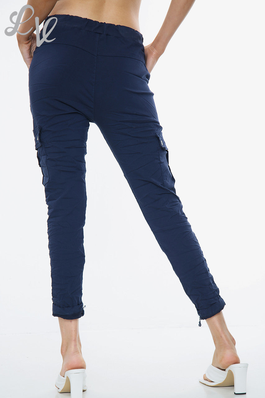 Dames Casual Magische Broek Met Zijzakken Navy - Prijs per stuk €9,99