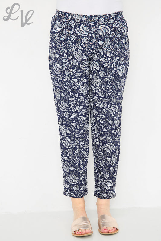 Ladies Leaf Outline Print Trousers Navy