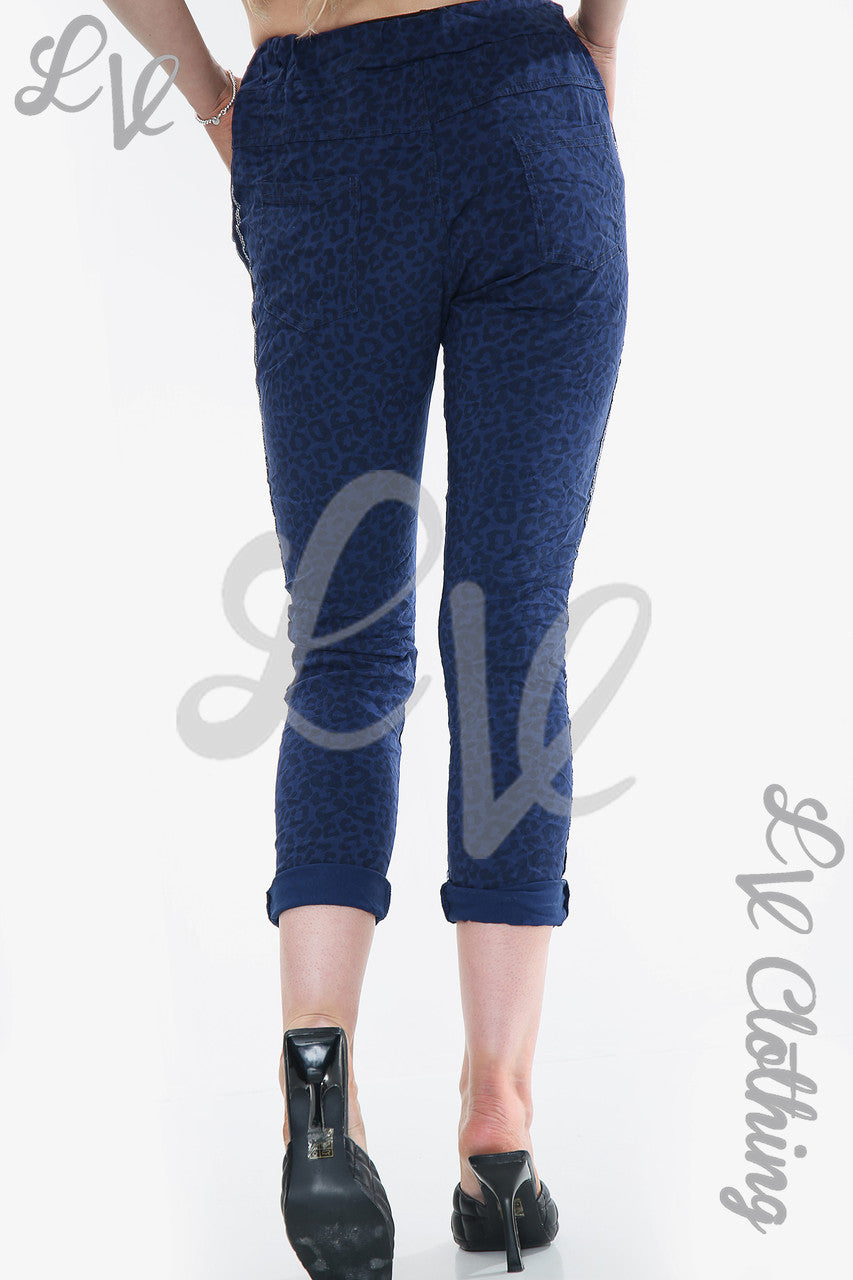 Dames Luipaardprint Glitter Zijpaneel Magische Broek Marineblauw Prijs WAS € 14,99 NU € 7,49