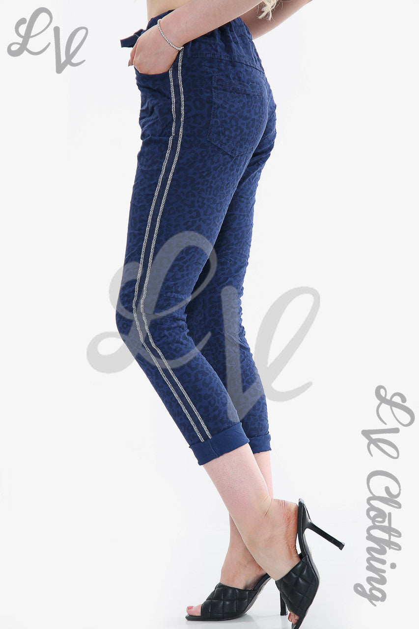 Dames Luipaardprint Glitter Zijpaneel Magische Broek Marineblauw Prijs WAS € 14,99 NU € 7,49