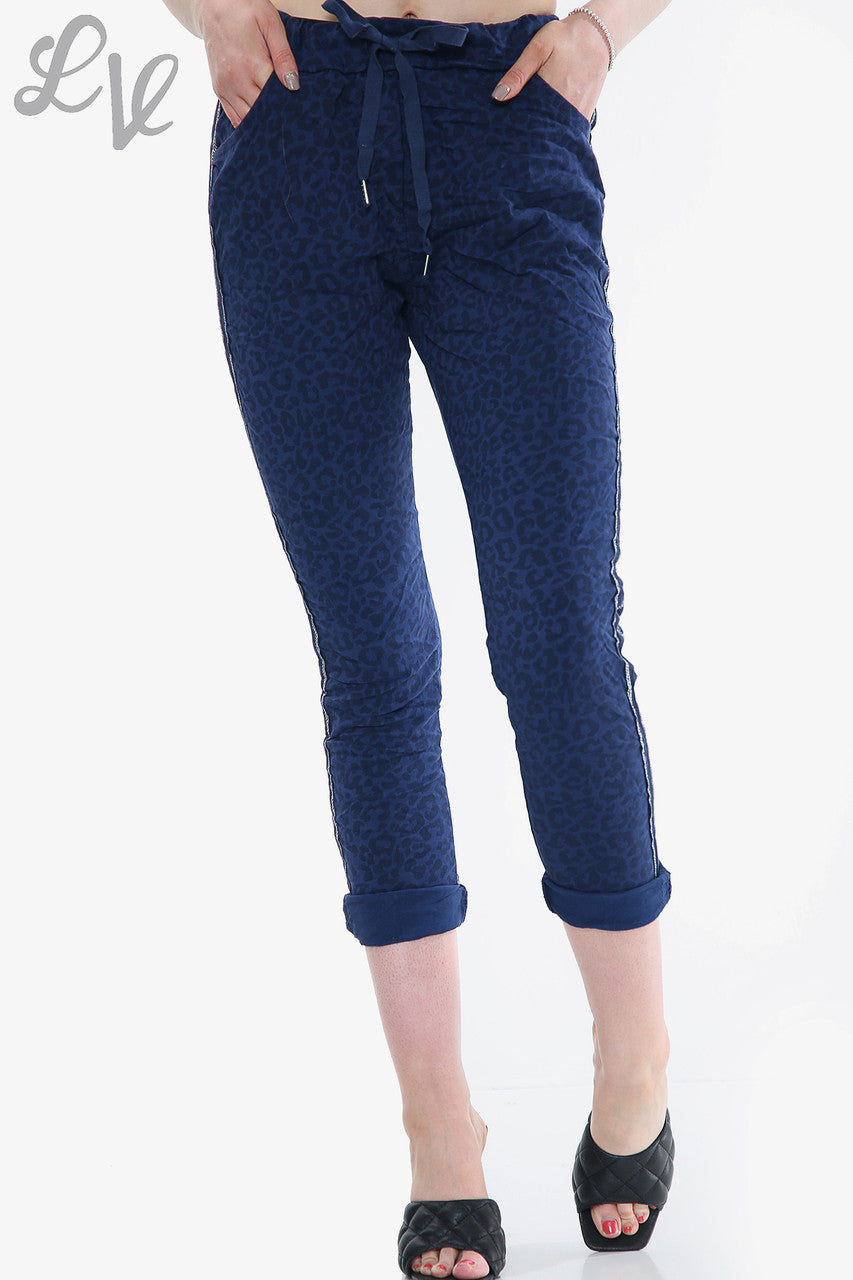 Dames Luipaardprint Glitter Zijpaneel Magische Broek Marineblauw Prijs WAS € 14,99 NU € 7,49