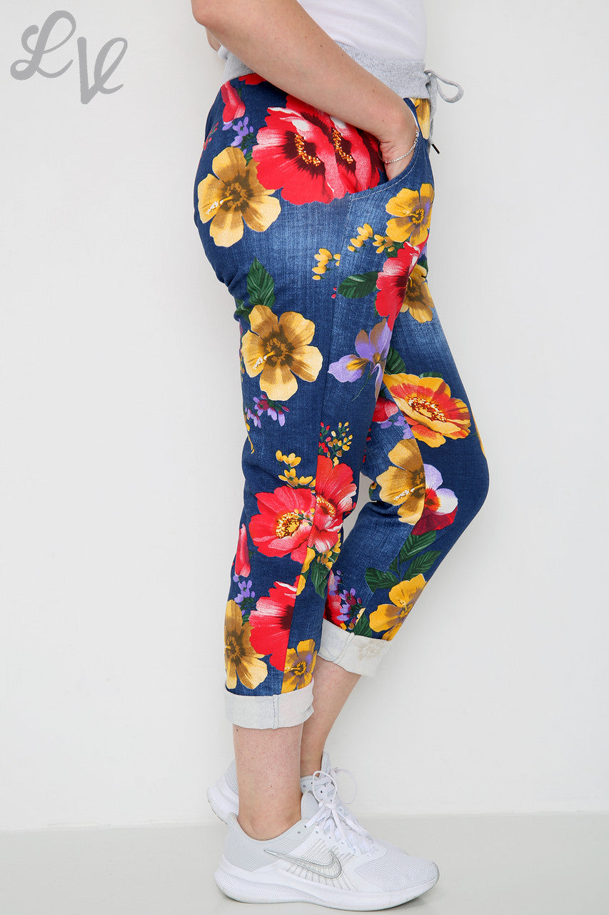 Ladies Floral Poppy Print Jogging Pants Trouser Navy - Unit Price £6.99