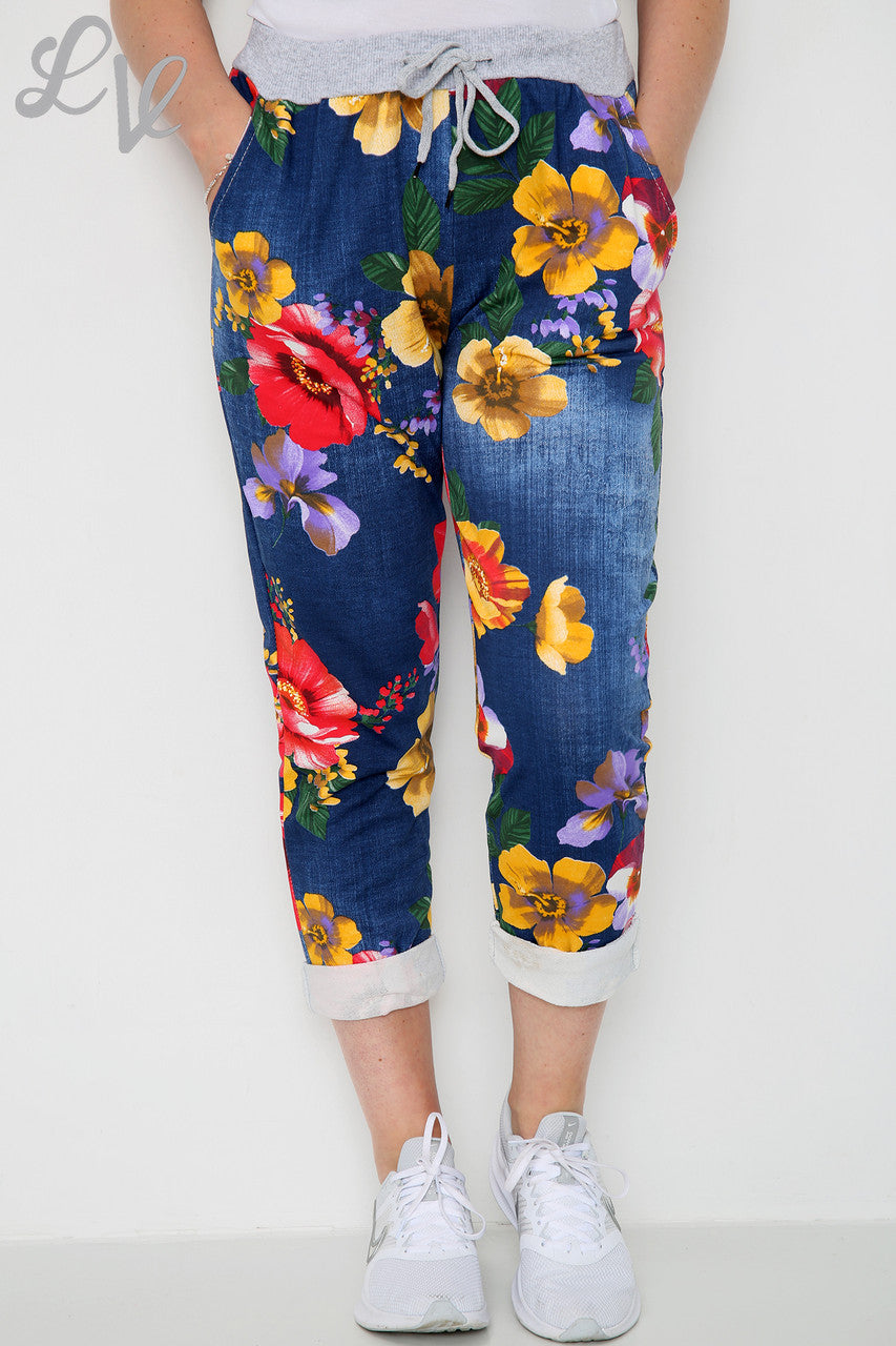 Ladies Floral Poppy Print Jogging Pants Trouser Navy - Unit Price £6.99