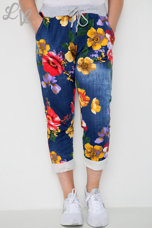 Dames joggingbroek met bloemenprint (klaprozen) marineblauw - Stukprijs €6,99