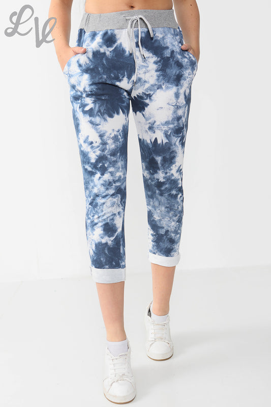 Tie dye jogger capri pants, blue/white with drawstring waist and cuffed hems