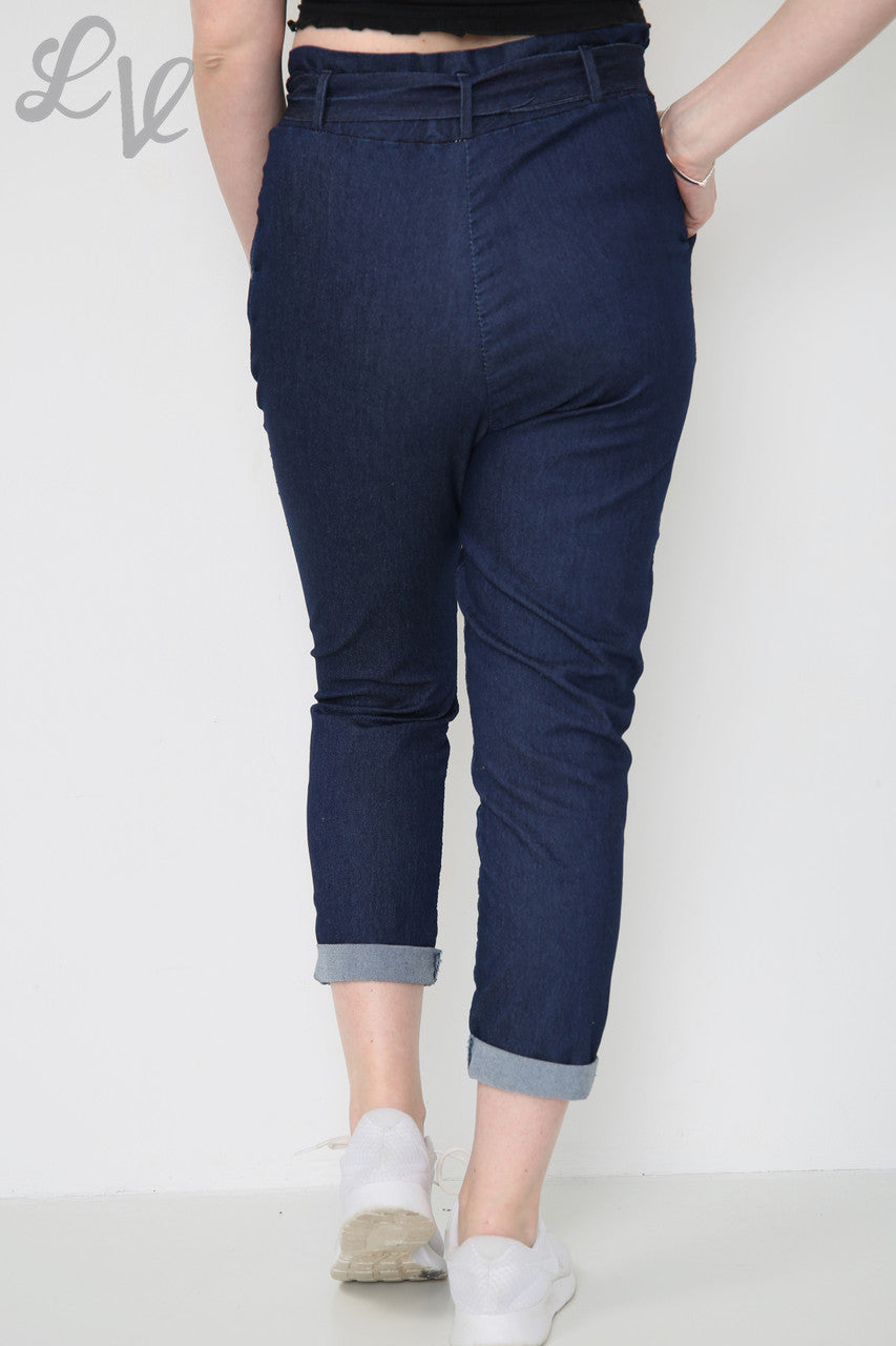 Damesbroek met papieren zakstijl, donker denim, per stukprijs €9,99