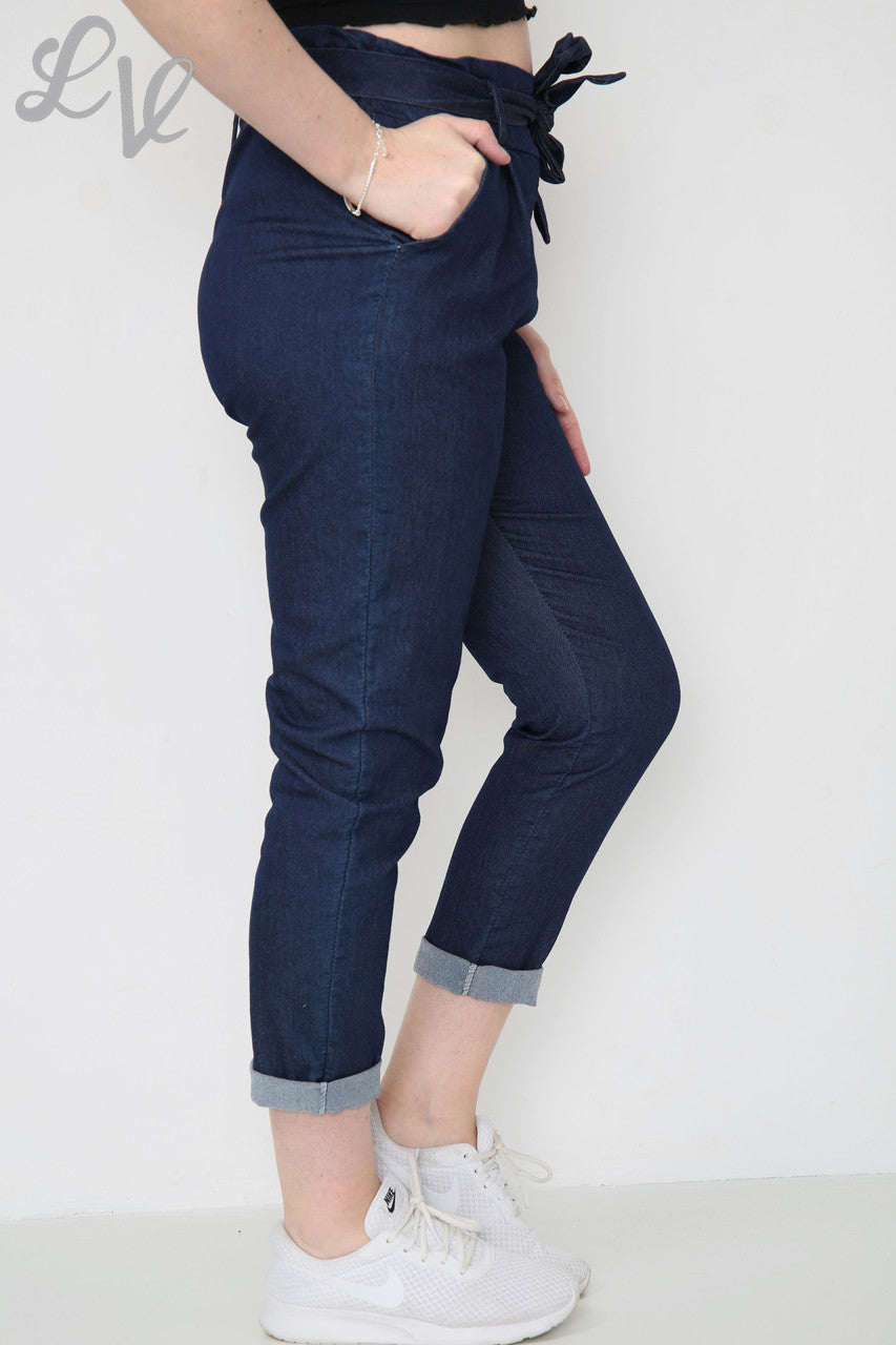 Damesbroek met papieren zakstijl, donker denim, per stukprijs €9,99