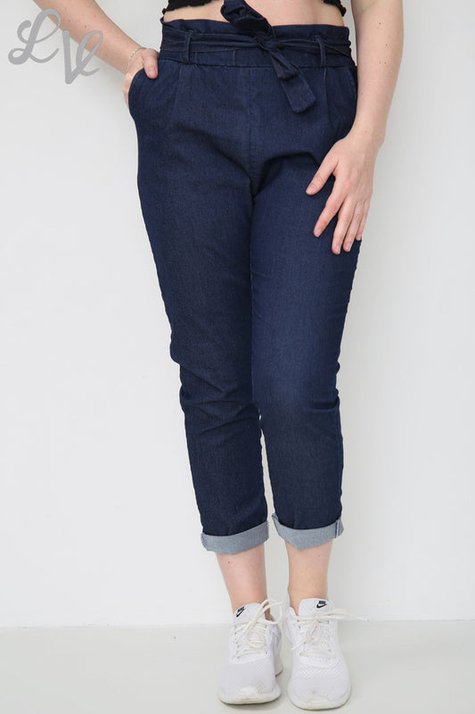 Damesbroek met papieren zakstijl, donker denim, per stukprijs €9,99