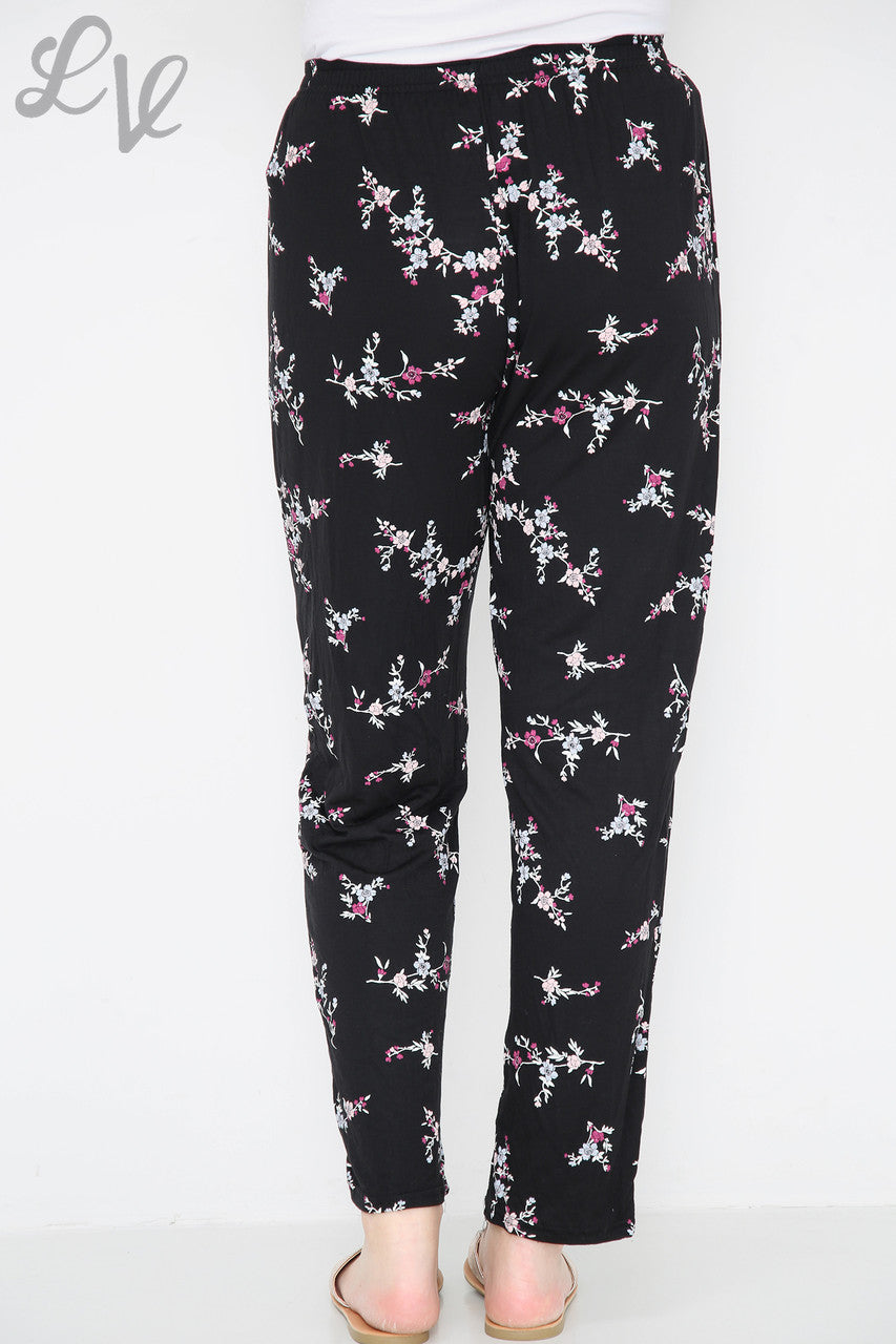 Ladies Oriental Floral Print Trousers Pink Flowers