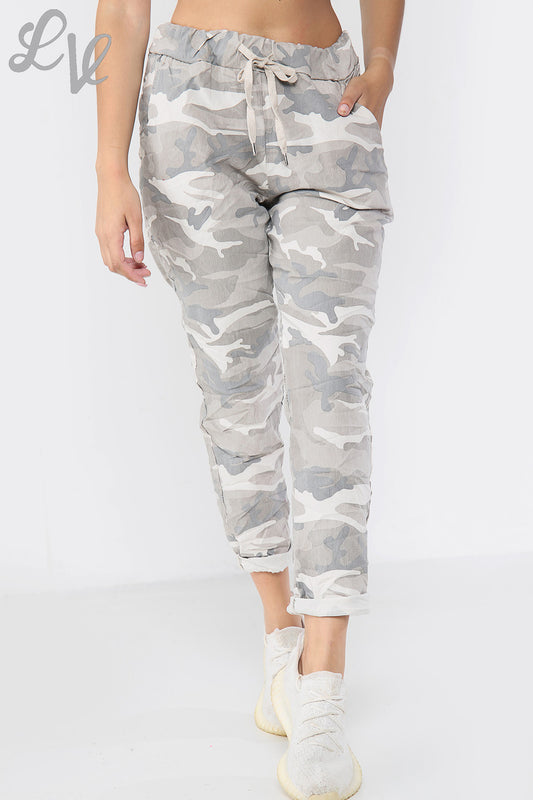 Women's stone camouflage magic trousers with drawstring waist and ankle cuffs, side pockets