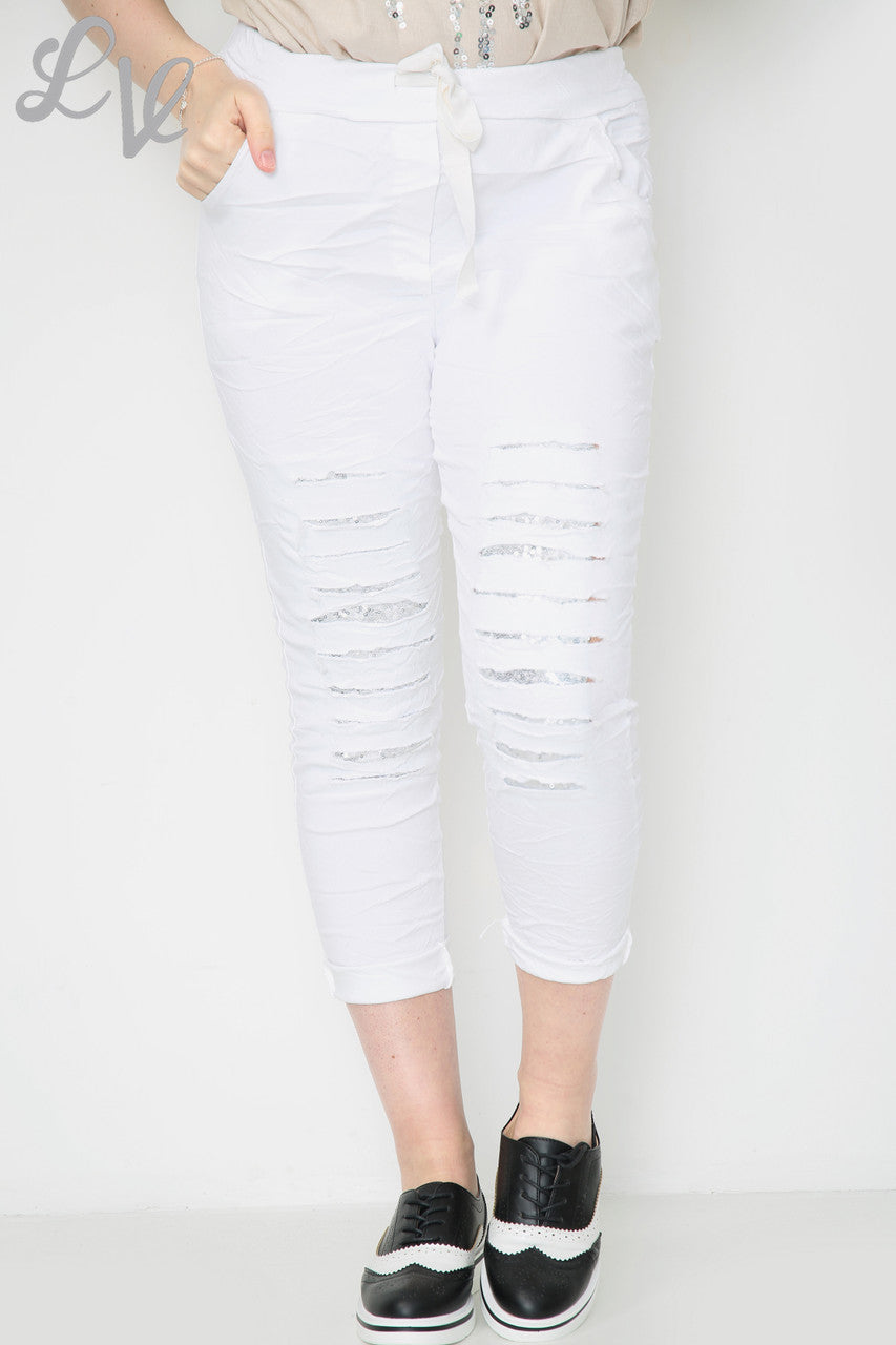 Dames Gescheurde Pailletten Knie Magische Broek Wit Stukprijs € 9,99