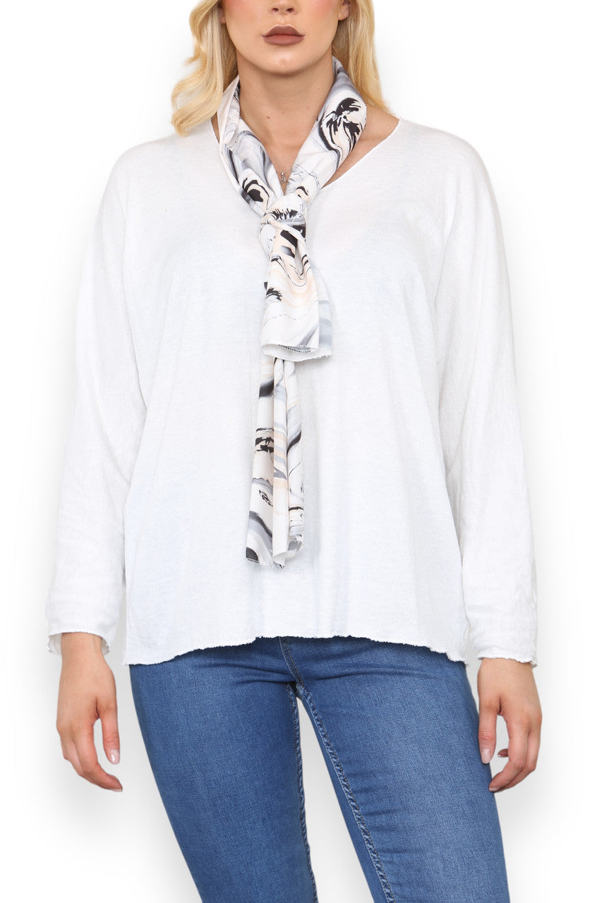 PLAIN FINE KNIT TOP WITH PRINTED SILKY SCARF WHITE