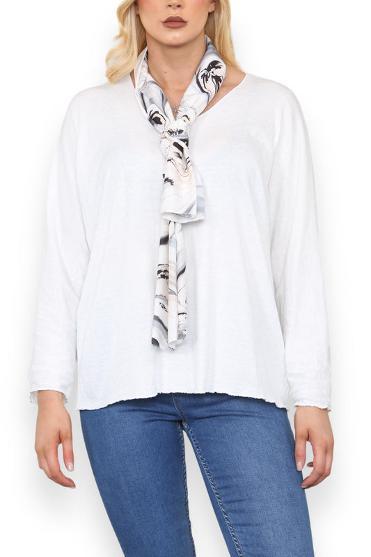 PLAIN FINE KNIT TOP WITH PRINTED SILKY SCARF WHITE