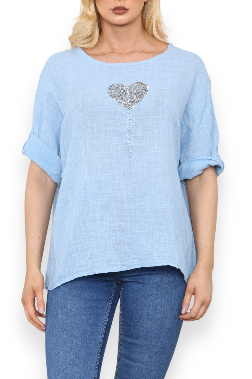 BALLOON HEART SEQUIN TOP SKY BLUE