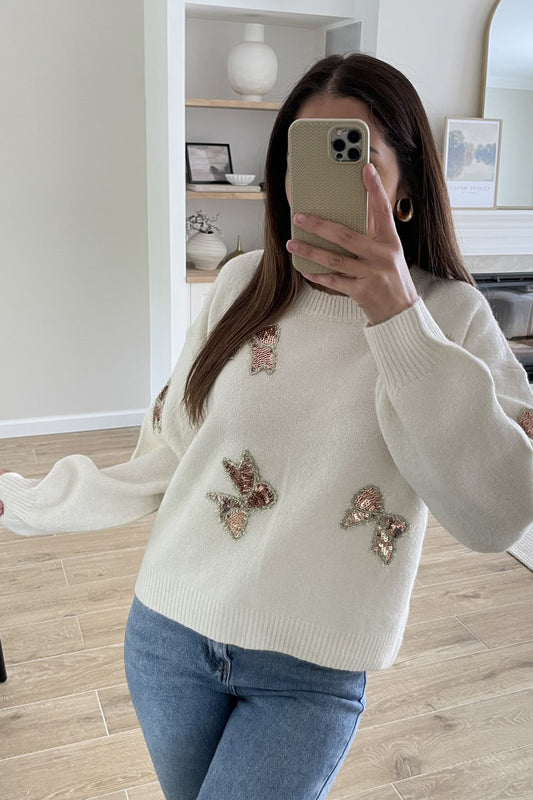 EMBROIDERED SEQUIN BOWS KNITTED JUMPER CREAM