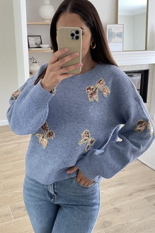 EMBROIDERED SEQUIN BOWS KNITTED JUMPER DENIM
