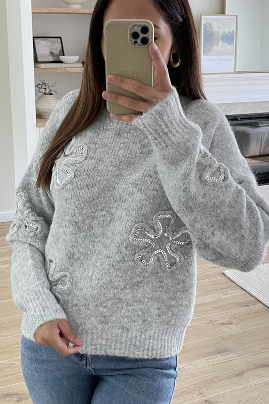 EMBROIDERED SEQUIN FLOWERS KNITTED JUMPER GREY