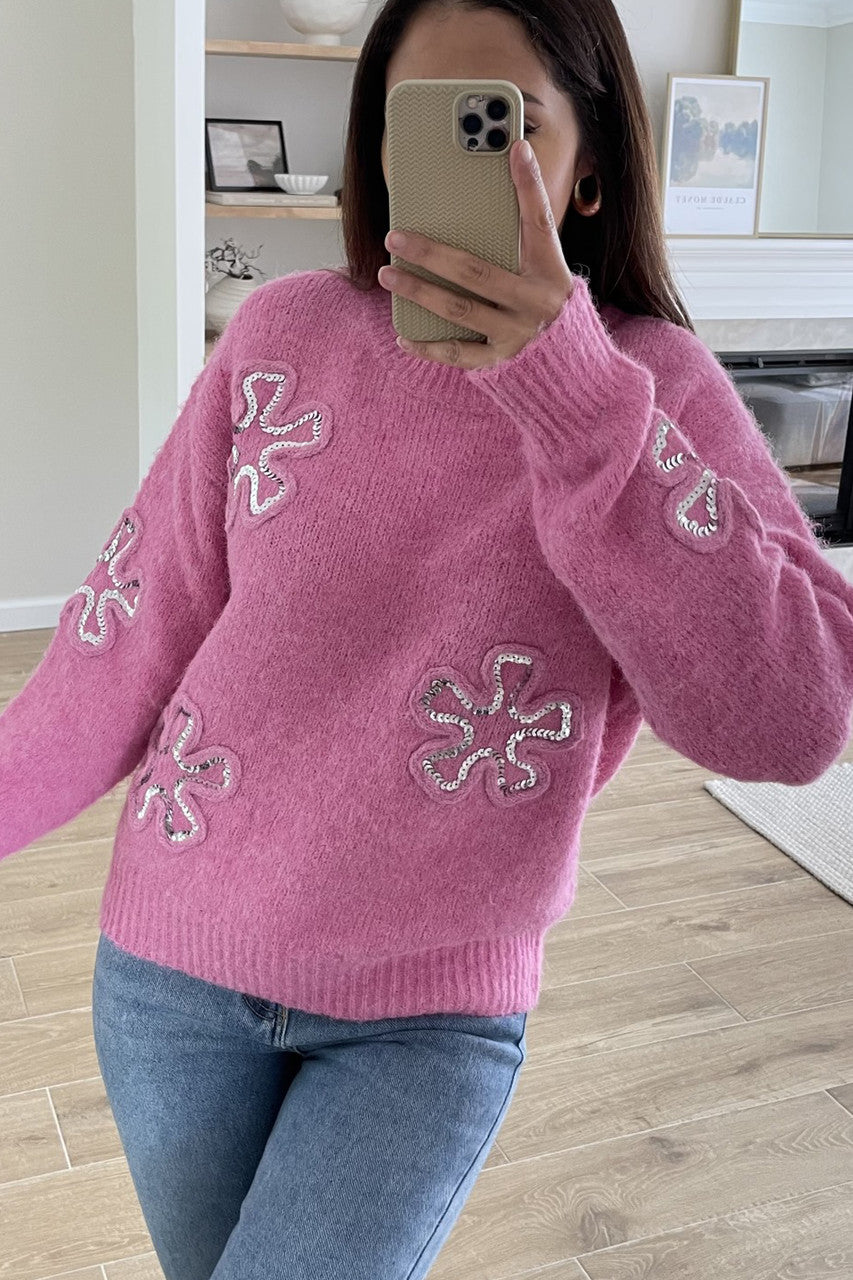 EMBROIDERED SEQUIN FLOWERS KNITTED JUMPER PINK