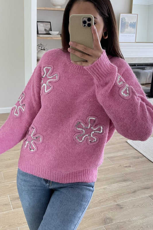 EMBROIDERED SEQUIN FLOWERS KNITTED JUMPER PINK