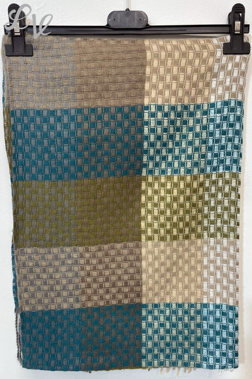 Dames sjaal met vierkantjesprint Teal/Kaki/Steen