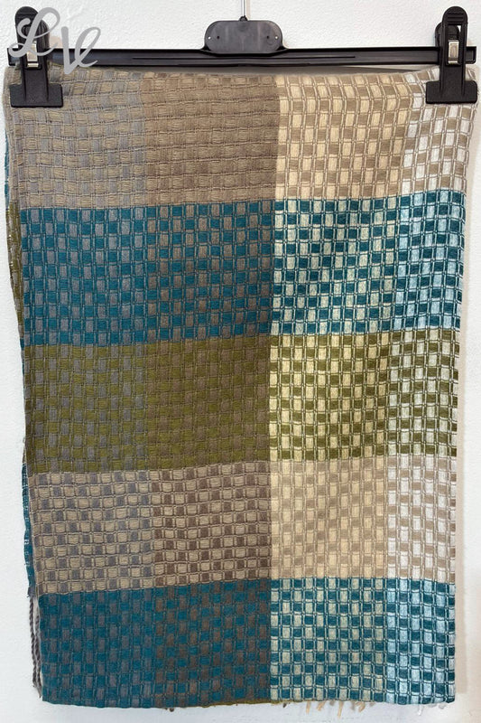 Dames sjaal met vierkantjesprint Teal/Kaki/Steen
