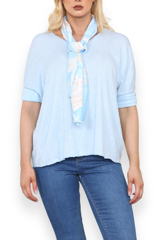 PLAIN FINE KNIT TOP WITH PRINTED SILKY SCARF LIGHT BLUE