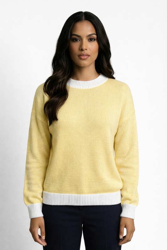 Crew Neck Knit Sweater with Contrast Rib Trim - Lemon