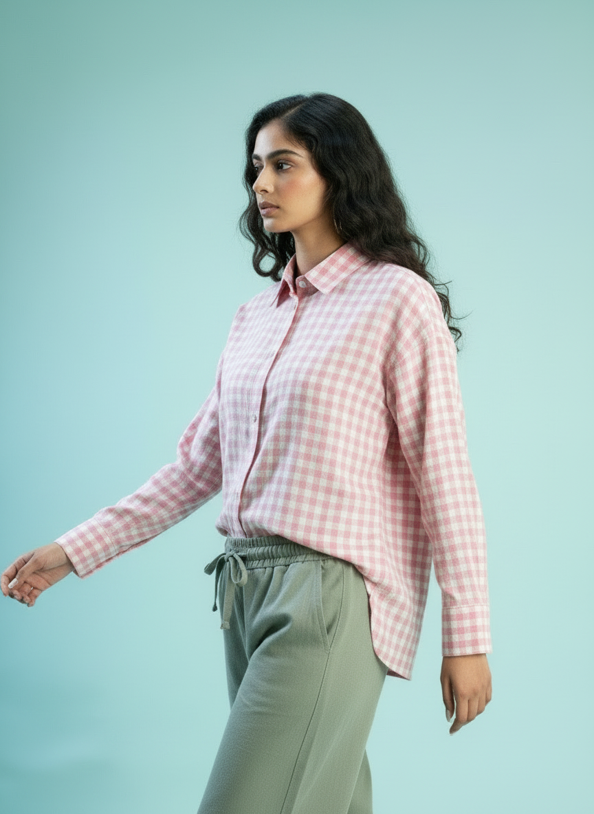 Geruit overhemd met knoopsluiting en relaxte pasvorm - Roze