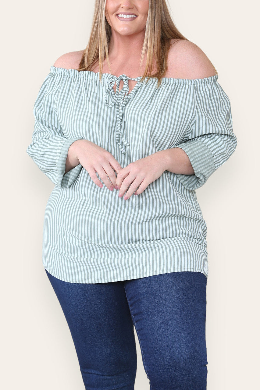 STRIPE TIE FRONT BARDOT TOP KHAKI