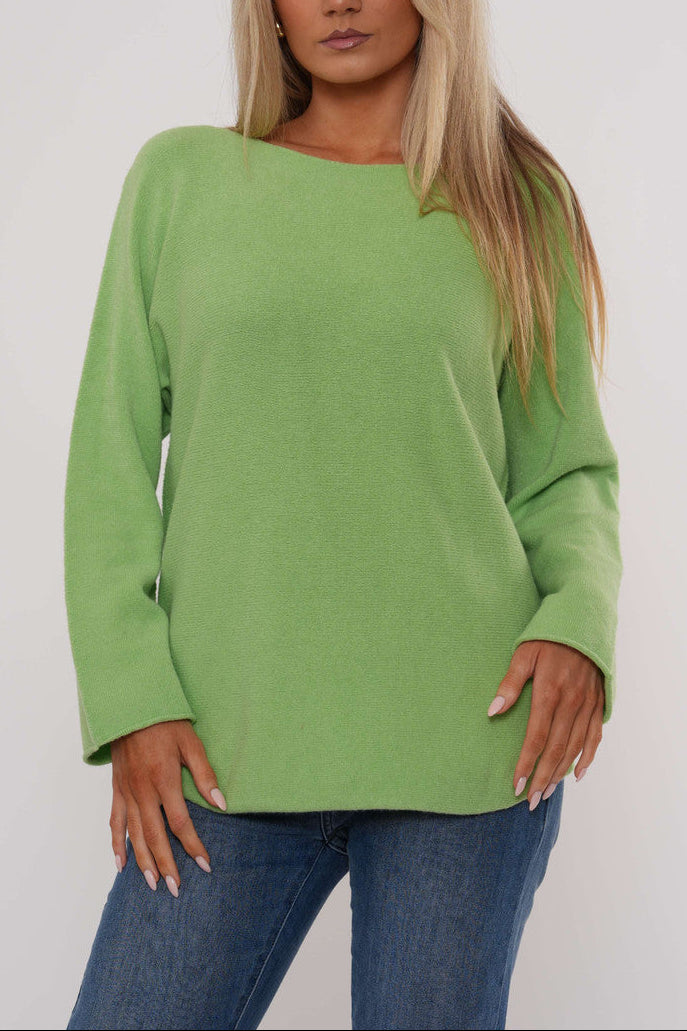 Sage green soft knit boat-neck sweater with long sleeves and relaxed curved fit